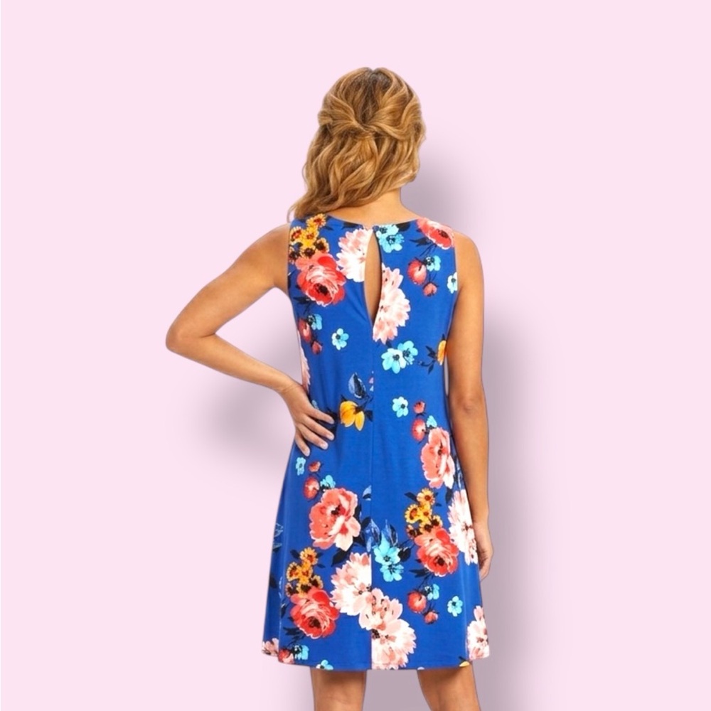 Royal Blue Floral Sleeveless Mini Dress - Picture 2 of 6